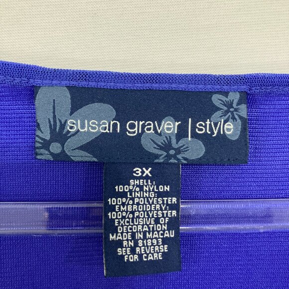 Susan Graver size 3X Blue Violet White Floral Embroidered Feminine Stretch Top - Picture 2 of 9